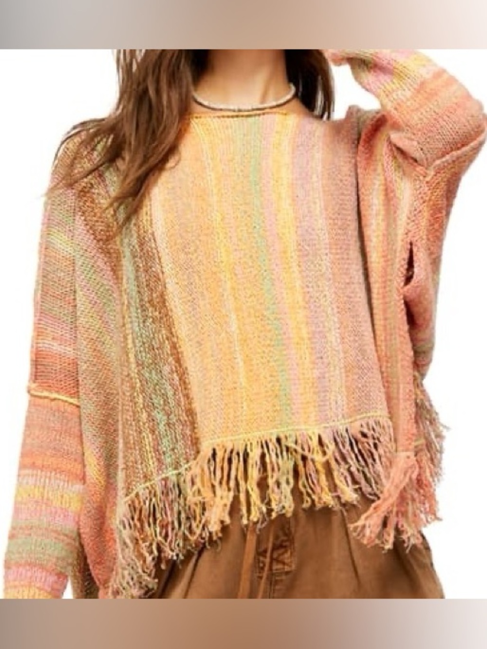 Free People Radiate Striped Pullover Fringe Colorful Sweater sz L - Picture 7 of 9